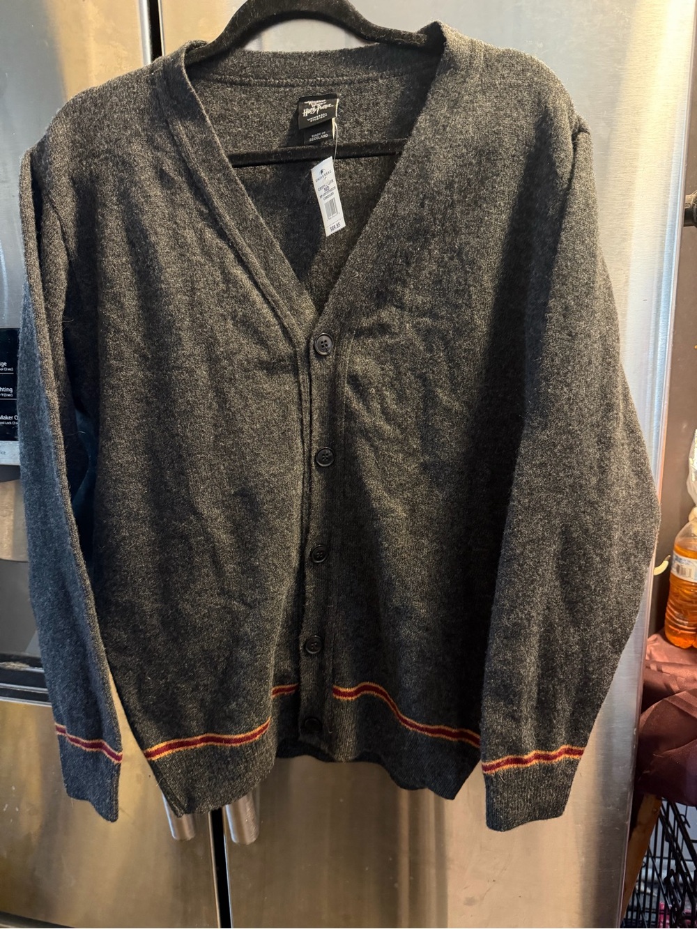 Universal Dark Gray V-Neck Button Cardigan with Red & Orange Stripe Detail